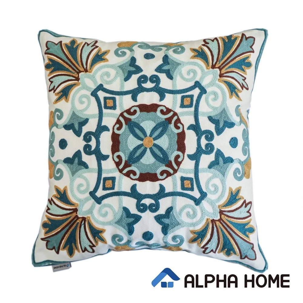 Alpha Home Embroidered Damask Medallion Throw Pillow Cover Teal Ochre Blue White